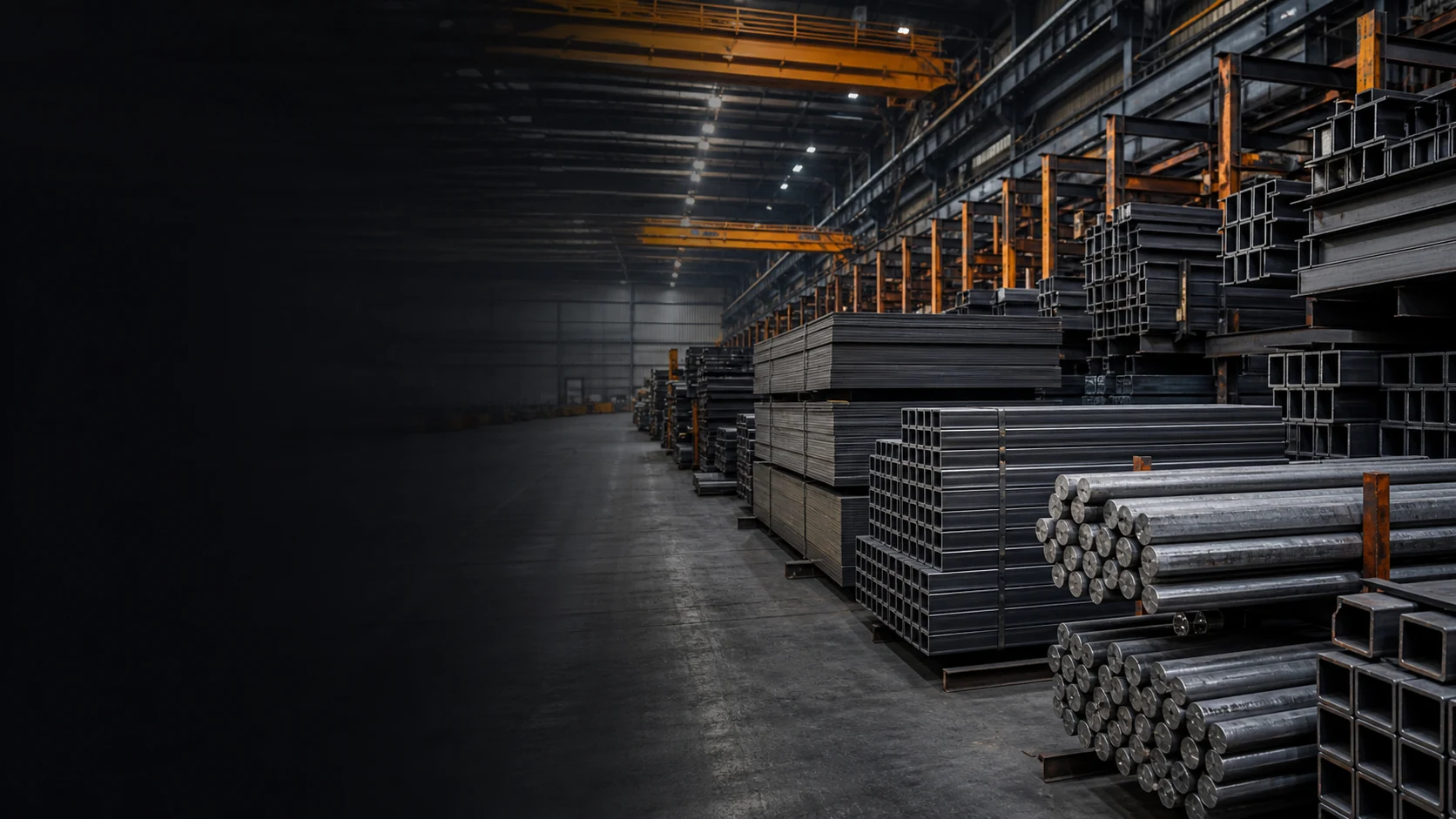 Organized steel plate, tube and bar inventory inside an industrial warehouse