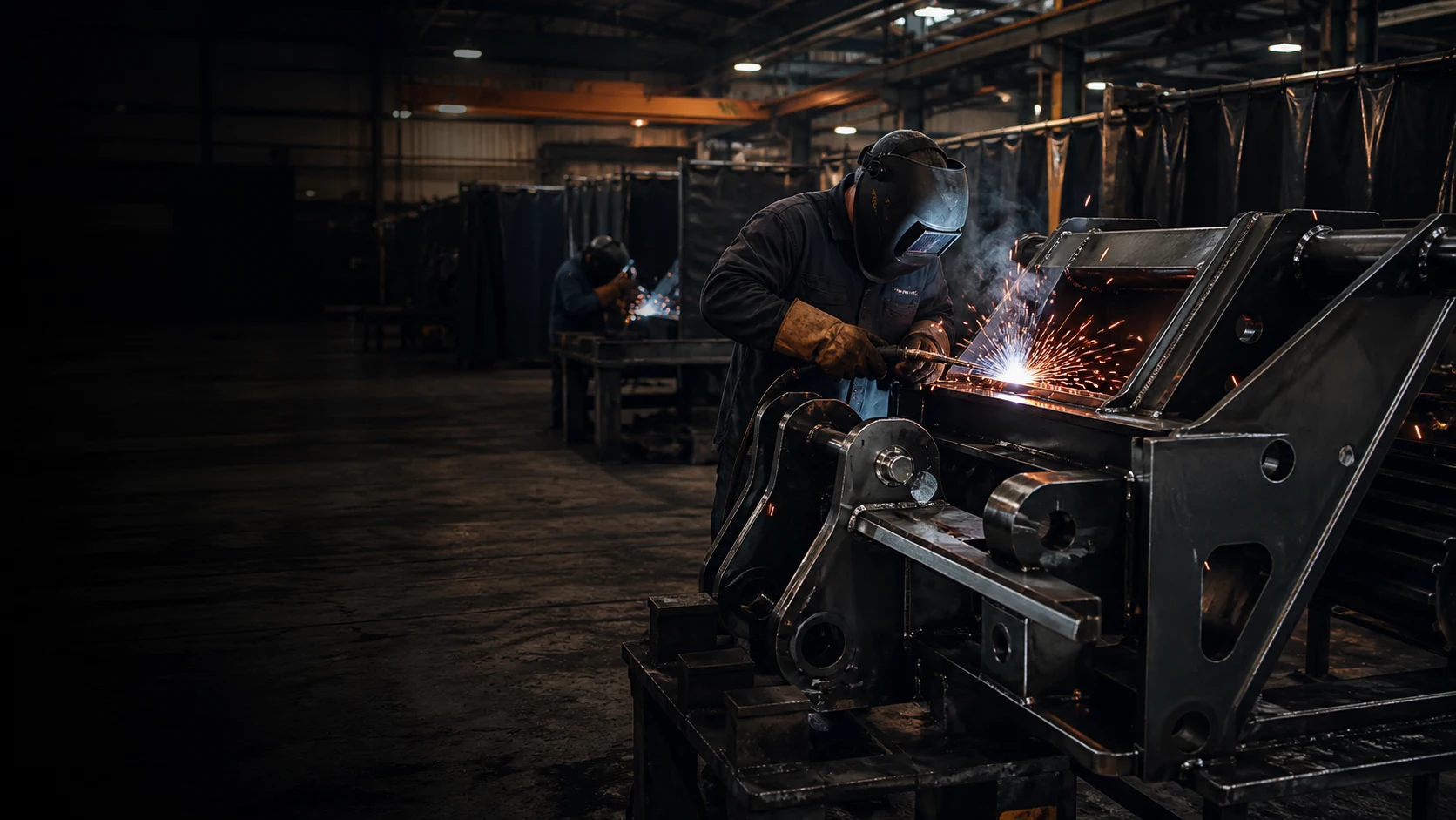 Welder fabricating heavy-duty attachment frames inside an industrial factory