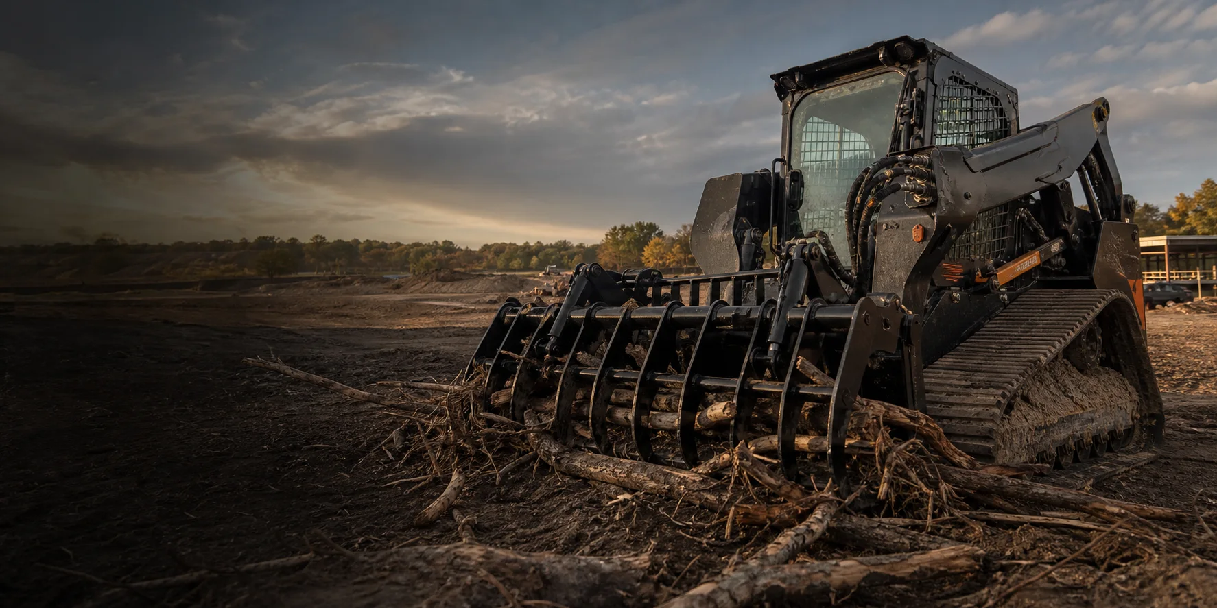 Compact track loader using a heavy-duty root rake grapple at a land-clearing site