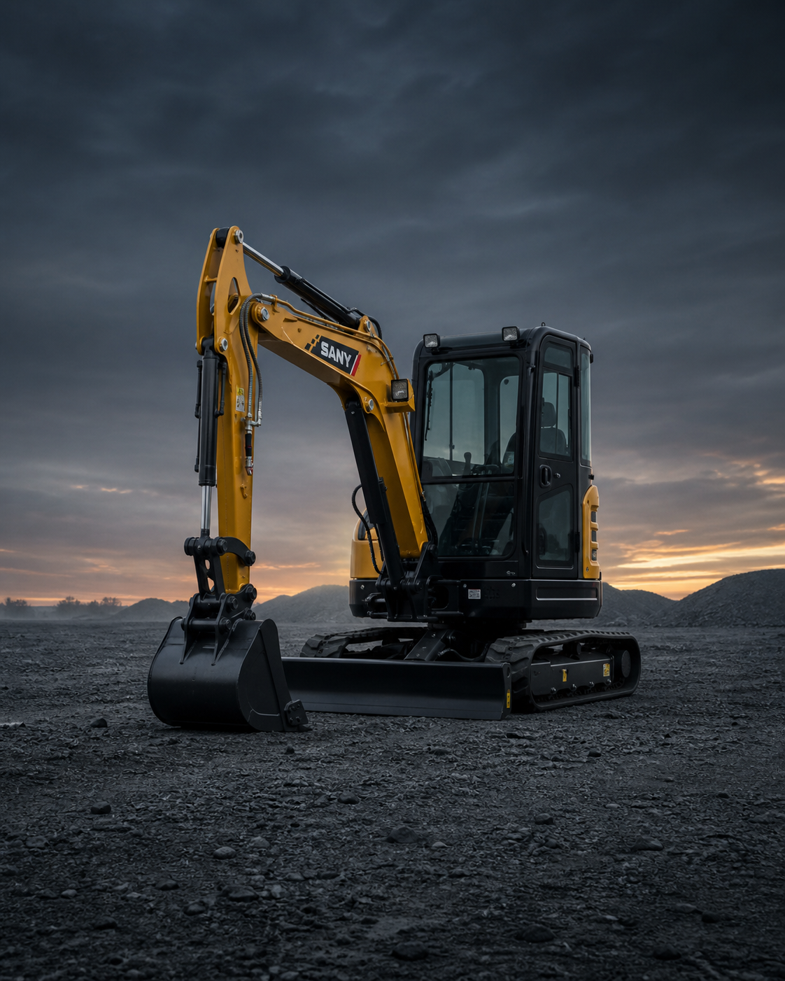 SANY mini excavator centered in an industrial equipment yard