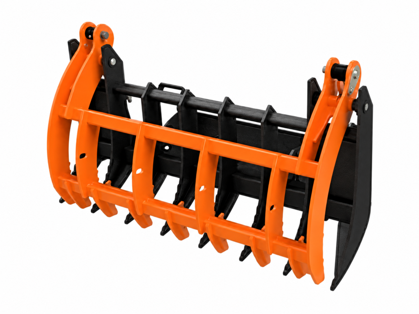 Industrial Mini Skid Steer Grapple Rake logo-free product attachment in black and brand orange on white background