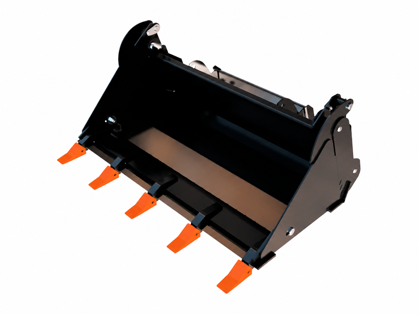 Mini Skid Steer 4-in-1 Bucket logo-free product attachment in black and brand orange on white background