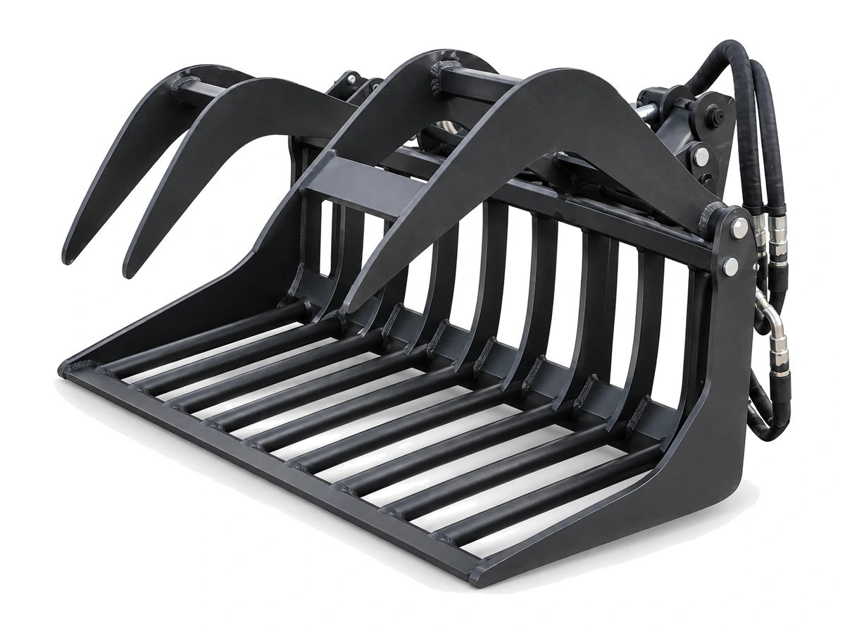 Mini Skid Steer Grapple Rod Bucket product attachment on white background