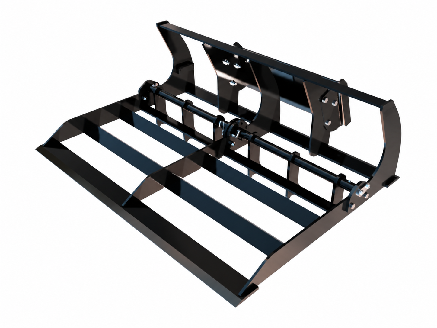 Mini Skid Steer Land Planer logo-free product attachment in black and brand orange on white background