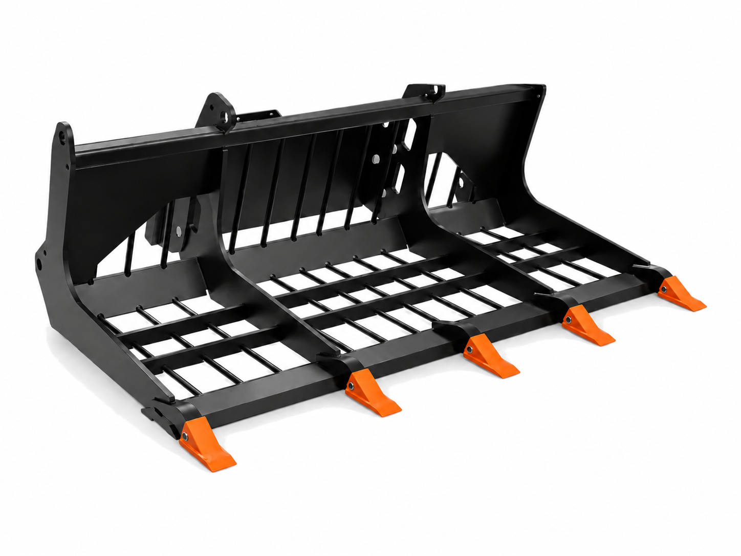 Mini Skid Steer Rod Bucket logo-free product attachment in black and brand orange on white background