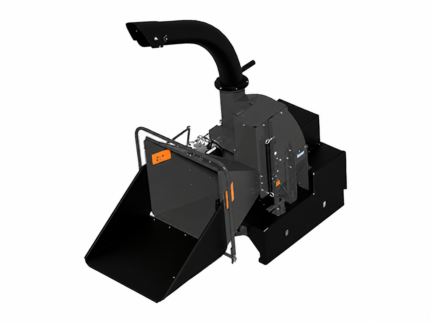 Skid Steer Brush Chipper logo-free product attachment in black and brand orange on white background