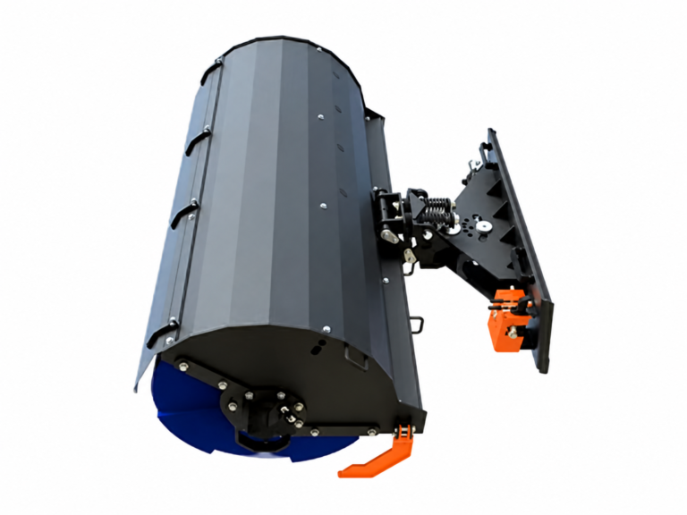 Skid Steer Commercial Power Angle Broom logo-free product attachment in black and brand orange on white background