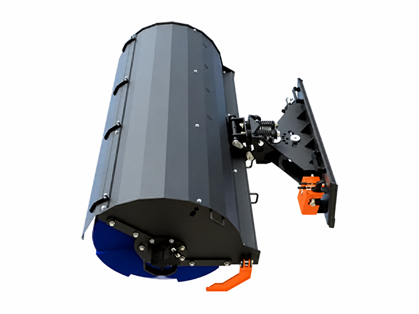 Skid Steer Commercial Power Angle Broom logo-free product attachment in black and brand orange on white background