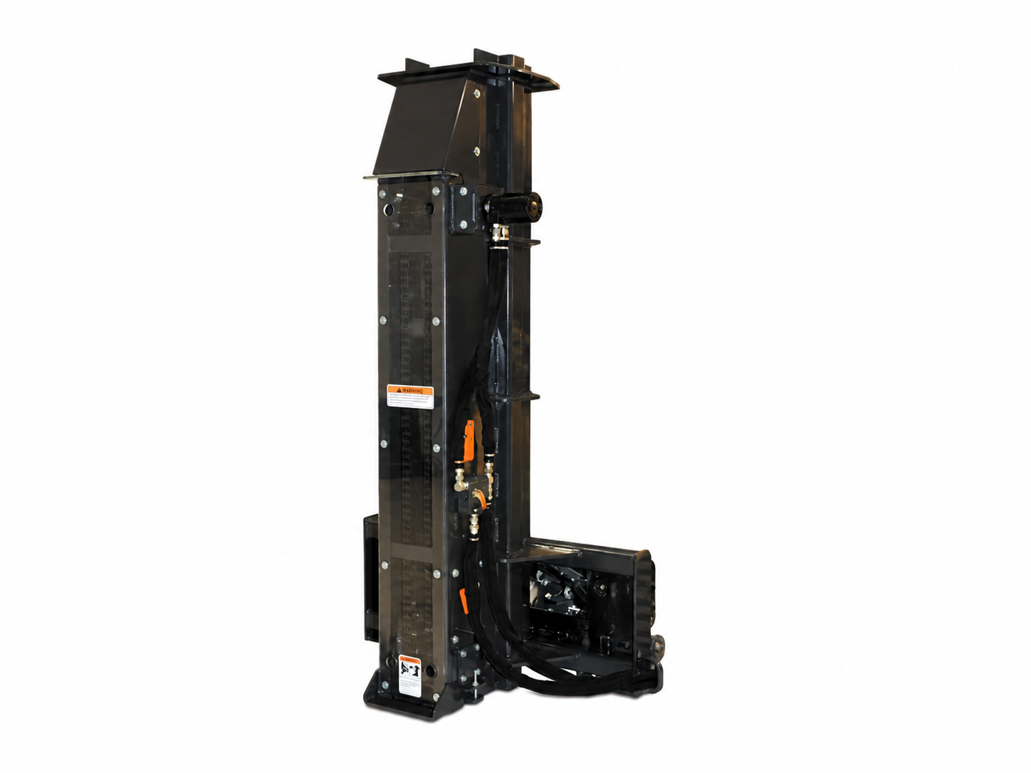 Skid Steer Drop Hammer Post Driver logo-free product attachment in black and brand orange on white background