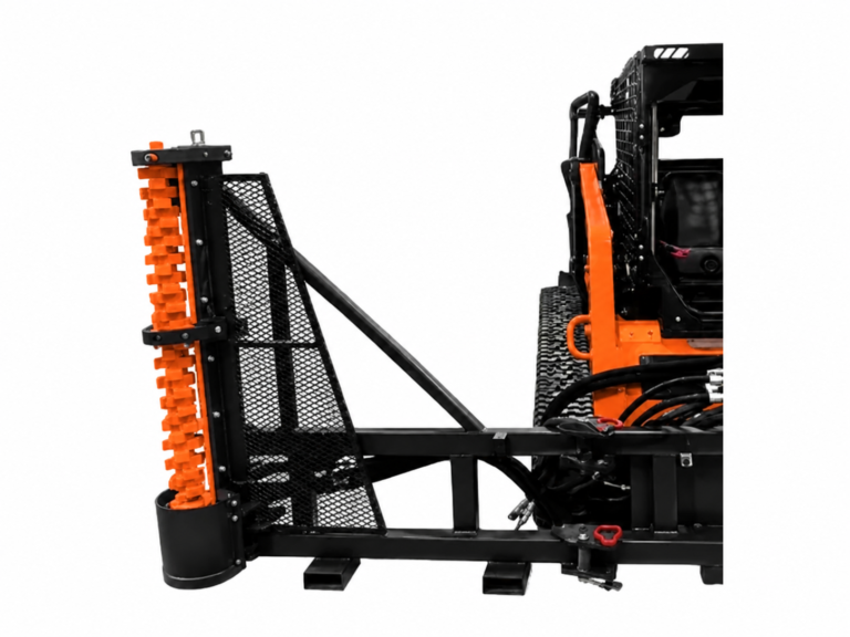 Skid Steer, Excavator & Tractor Brush Trimmer | 48" logo-free product attachment in black and brand orange on white background