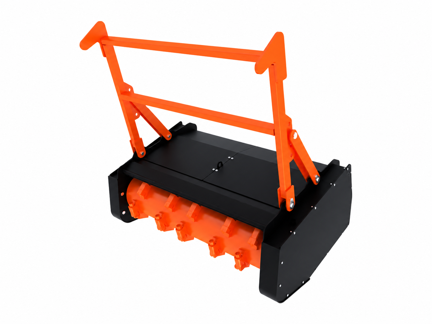 Skid Steer Forestry Mulcher logo-free product attachment in black and brand orange on white background