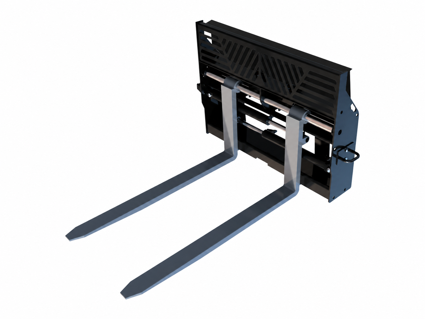 Skid Steer Hydraulic Pallet Forks logo-free product attachment in black and brand orange on white background