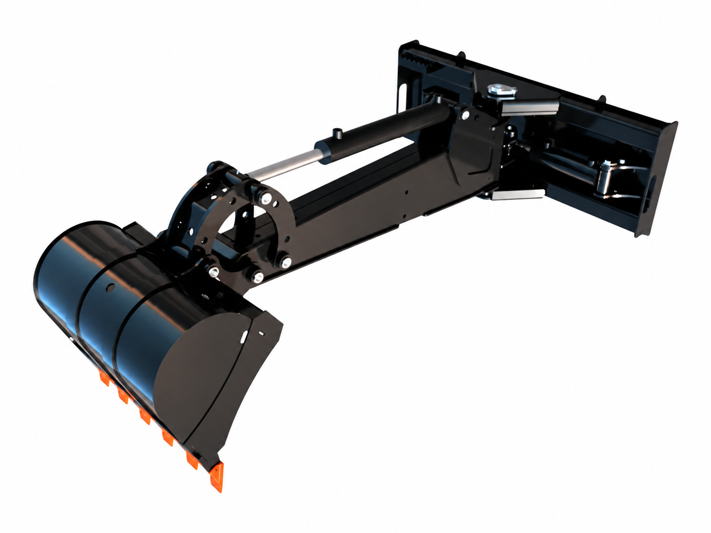 Skid Steer Hydraulic Swing Backhoe logo-free product attachment in black and brand orange on white background