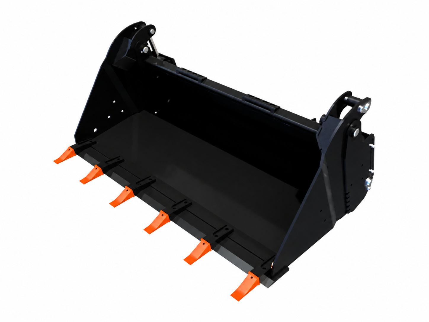 Skid Steer Industrial 4-in-1 Bucket logo-free product attachment in black and brand orange on white background