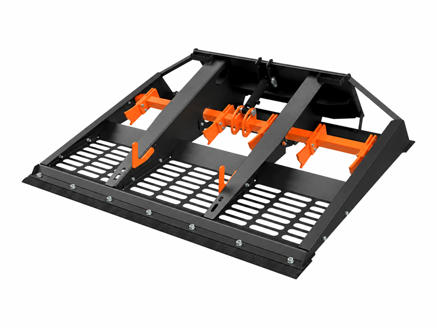 Skid Steer Land Planer logo-free product attachment in black and brand orange on white background