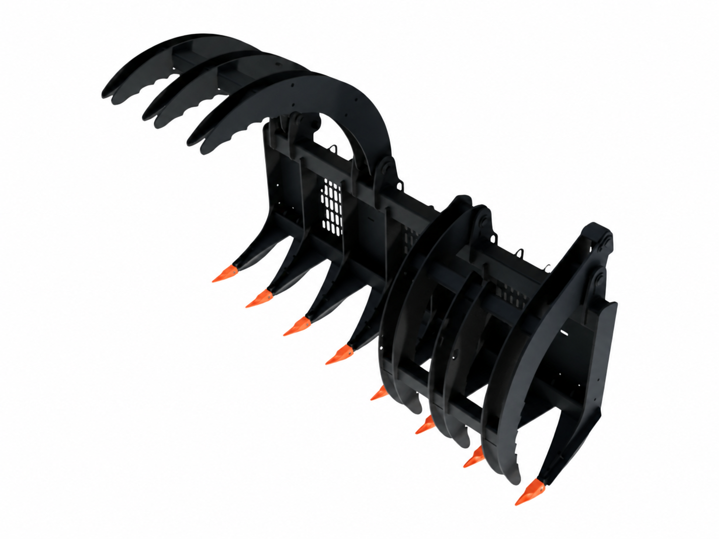 Skid Steer Log, Brush & Rock Grapple Rake logo-free product attachment in black and brand orange on white background