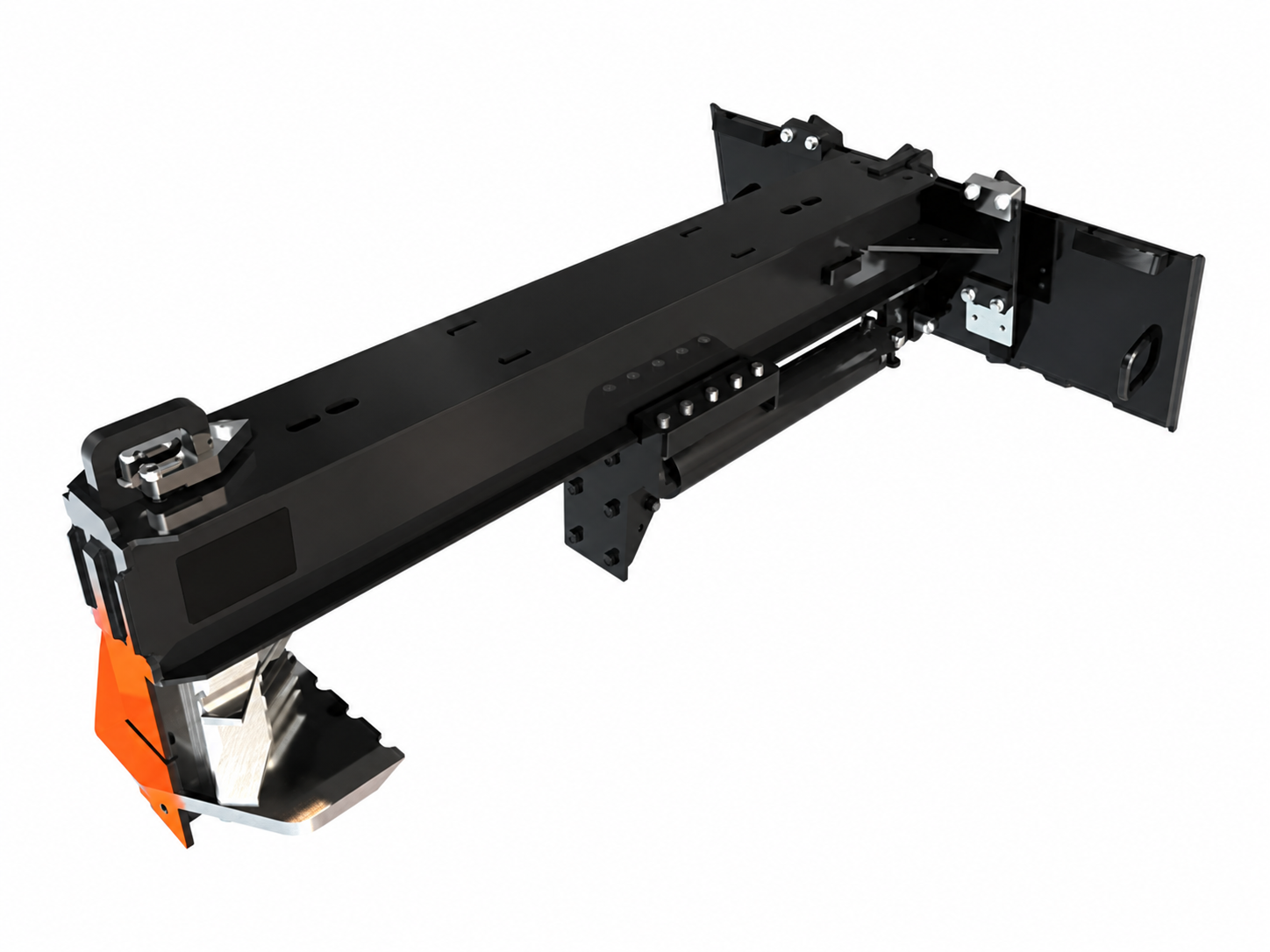 Skid Steer Log Splitter logo-free product attachment in black and brand orange on white background