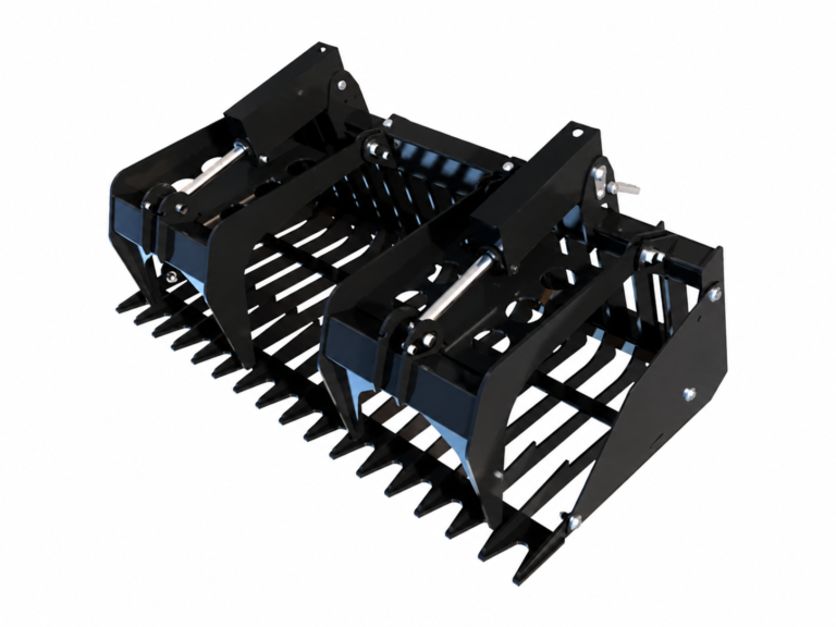 Skid Steer Rock Bucket & Grapple logo-free product attachment in black and brand orange on white background