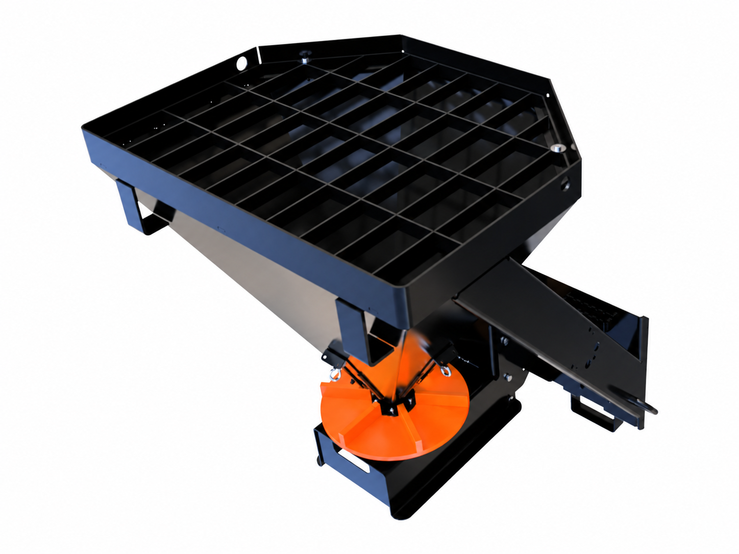 Skid Steer Salt, Sand and Fertilizer Spreader logo-free product attachment in black and brand orange on white background