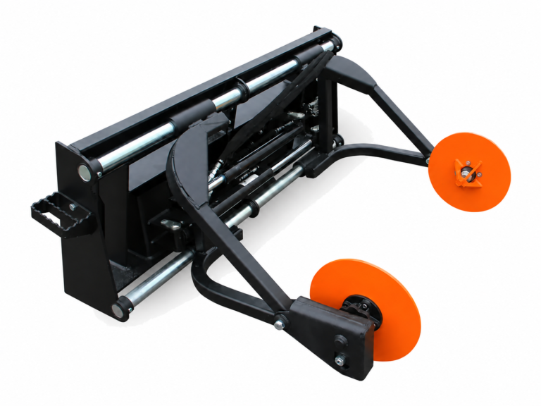 Skid Steer Sod Roller logo-free product attachment in black and brand orange on white background