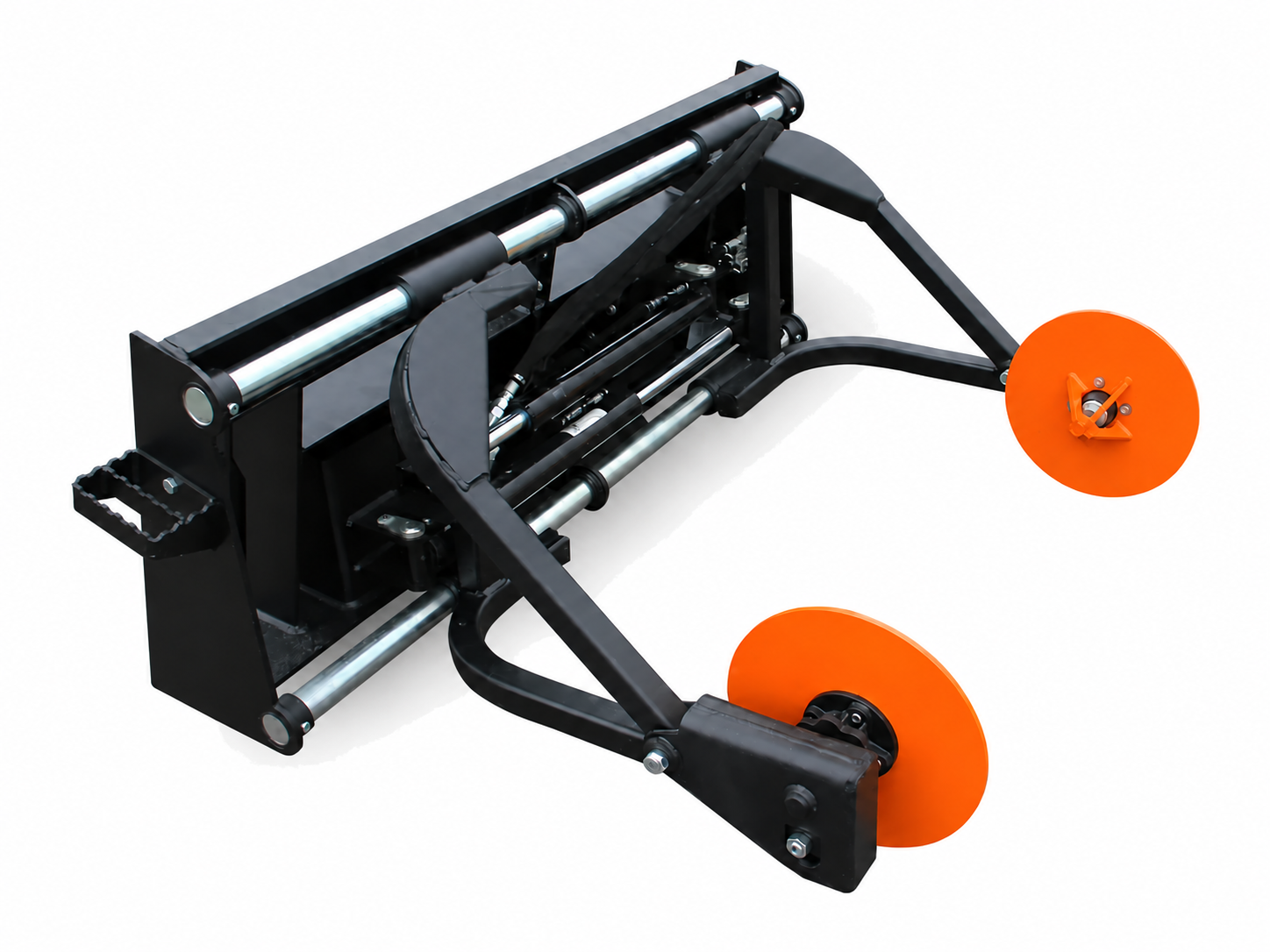 Skid Steer Sod Roller logo-free product attachment in black and brand orange on white background