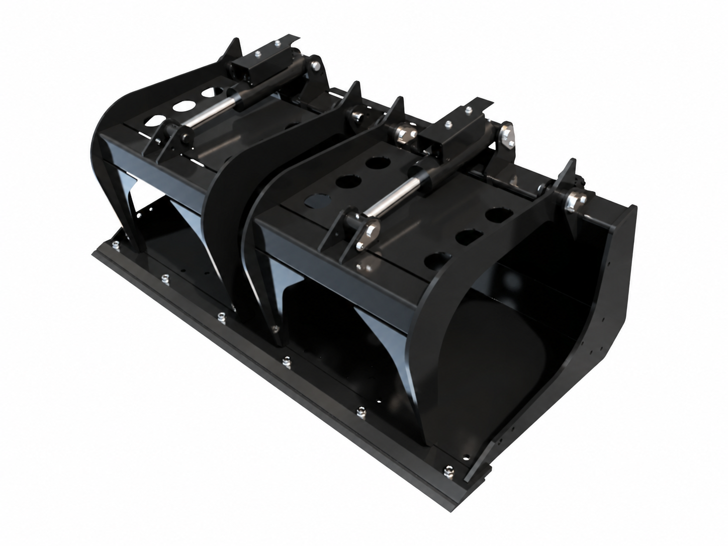Skid Steer Solid Bottom Grapple Bucket logo-free black attachment on white background