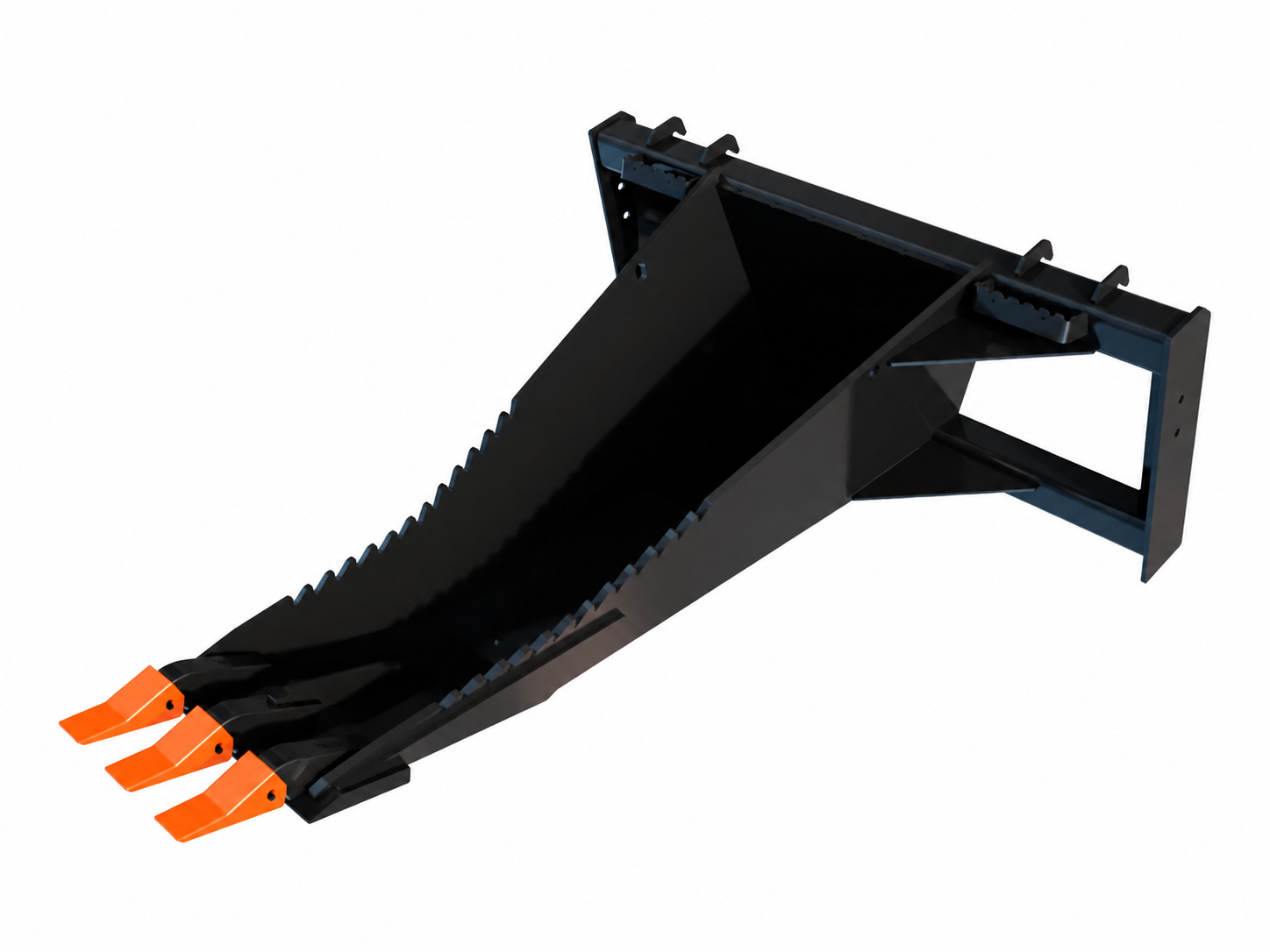 Skid Steer Stump Bucket logo-free product attachment in black and brand orange on white background