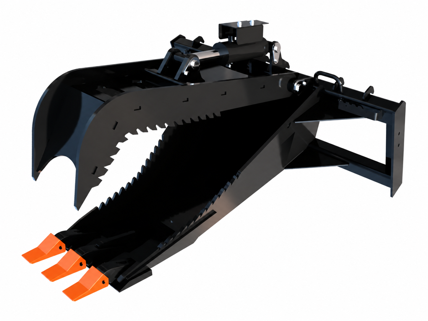 Skid Steer Stump Bucket Grapple logo-free product attachment in black and brand orange on white background