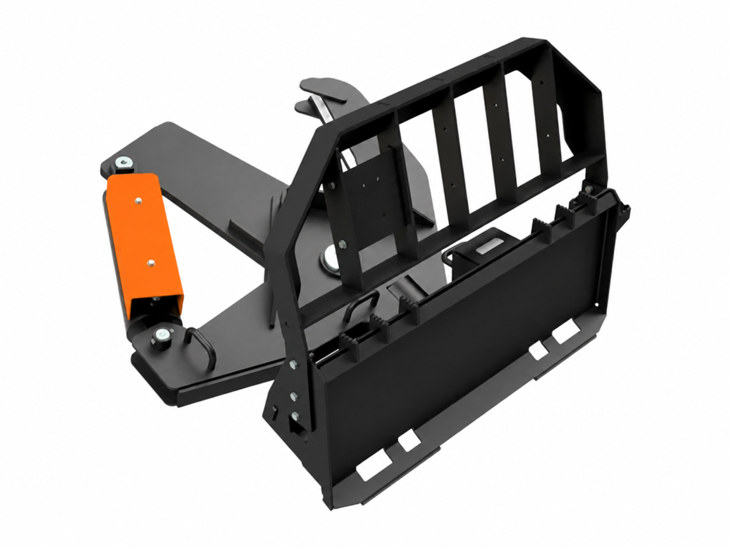 Skid Steer Tree Shear HD logo-free product attachment in black and brand orange on white background