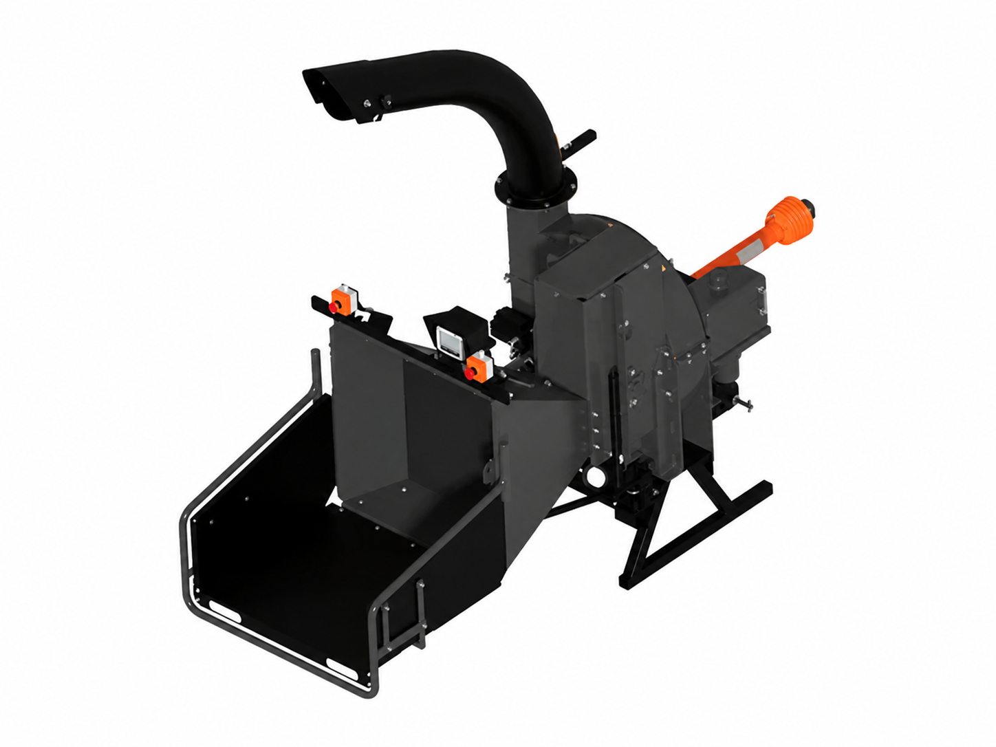 Tractor PTO Brush Chipper logo-free product attachment in black and brand orange on white background