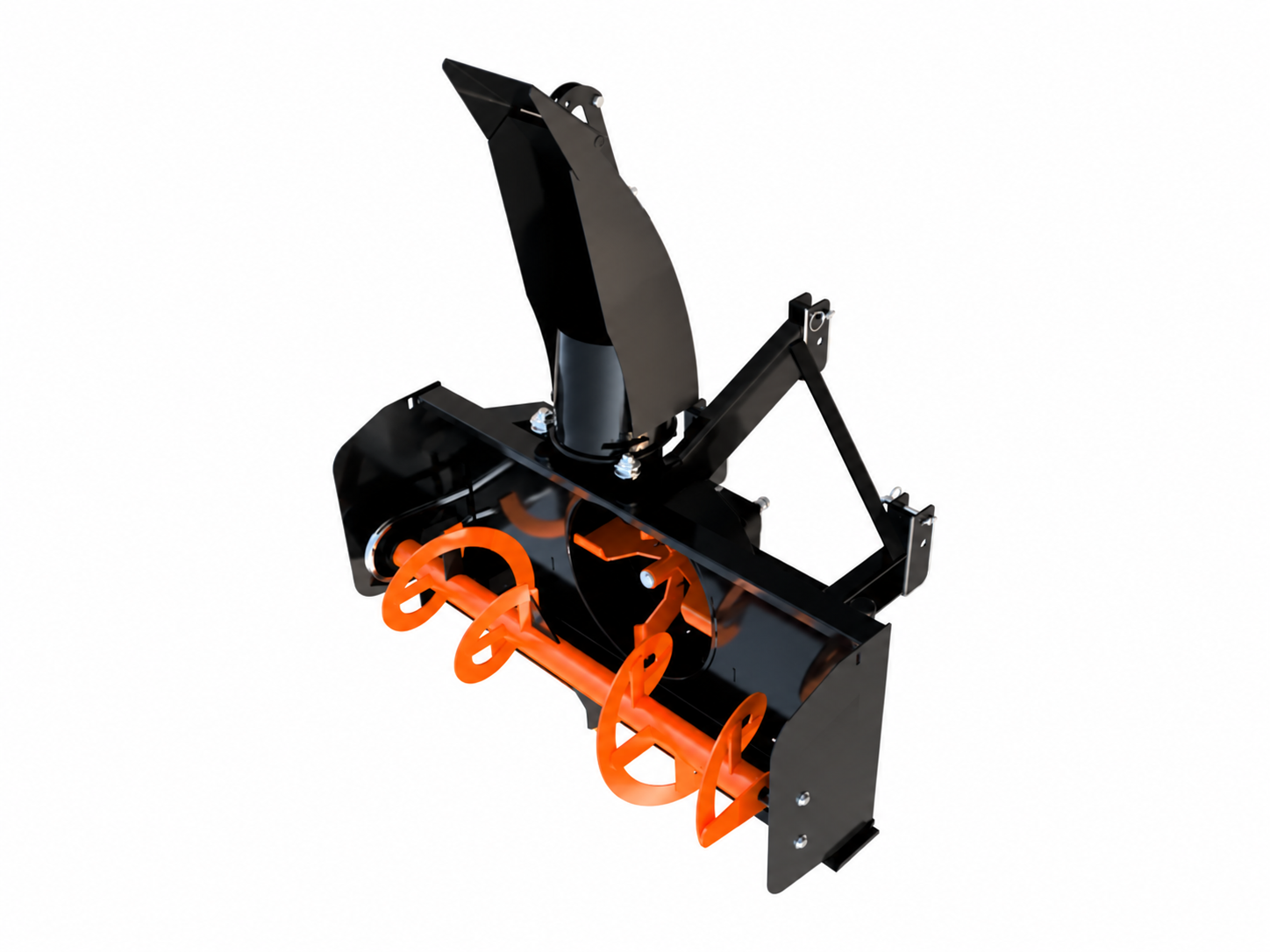 Tractor PTO Snow Blower | 3-Point logo-free product attachment in black and brand orange on white background