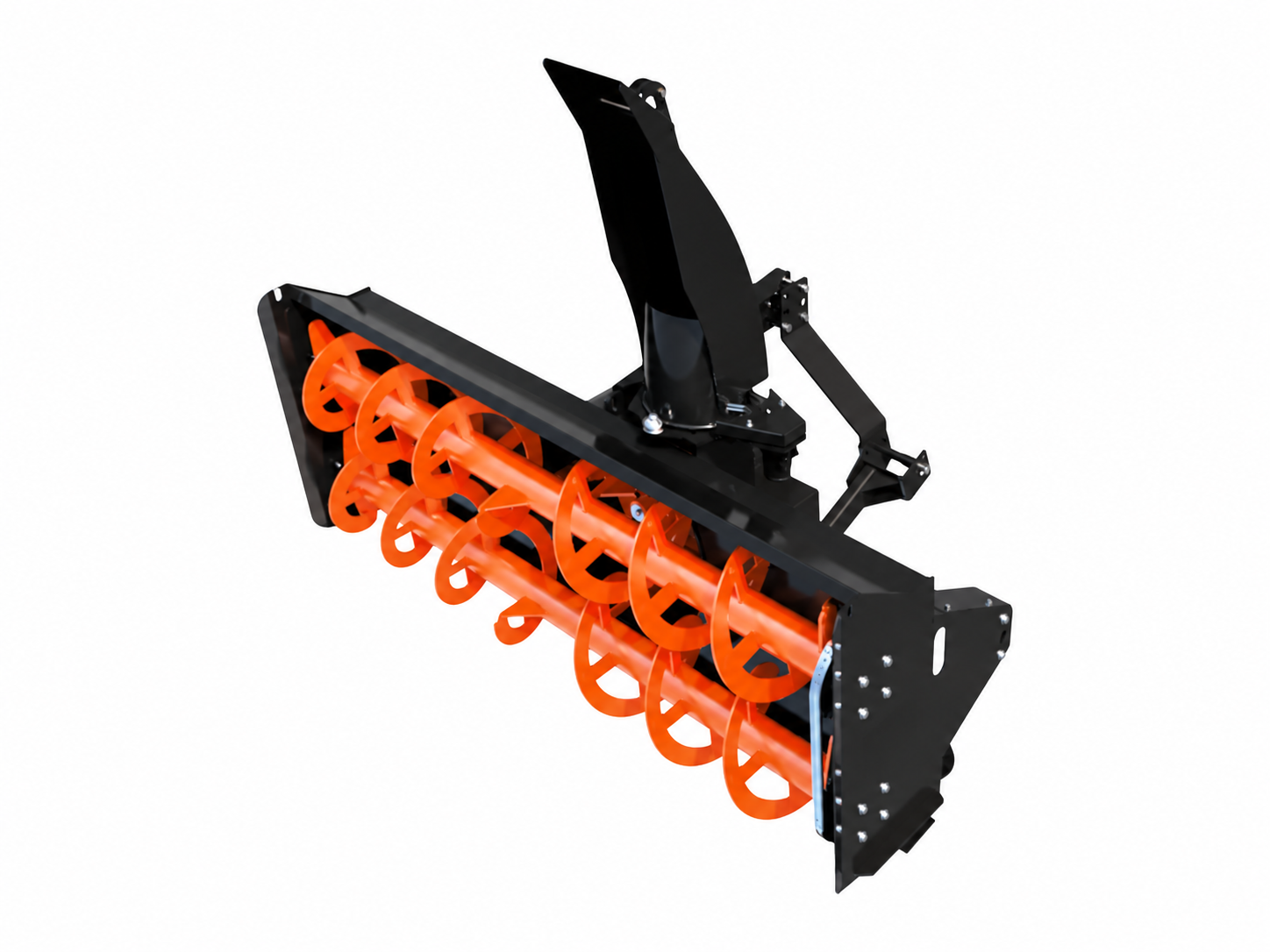 Tractor Rear Mount PTO Snow Blower logo-free product attachment in black and brand orange on white background